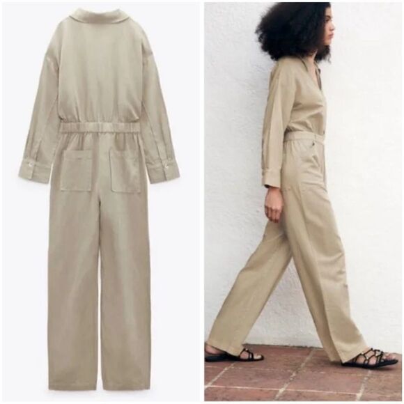 NWT LINEN BLEND LONG JUMPSUIT SAND L - Picture 6 of 6